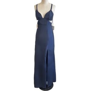 NWT Fame And Partners Maxi Dress Size 2 Navy Blue Cutout Caged Back Formal Gown